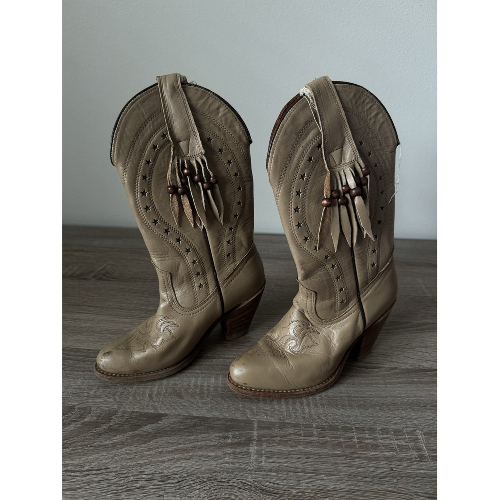 Vintage‎ Miss Capezio Western Boots Tan Leather Fringe Beaded Stars USA Boho 6.5